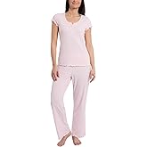 Laura Ashley Women's Pajamas 2 Piece Ribbed Knit Short Sleeve Henley Top and Pants PJ Set