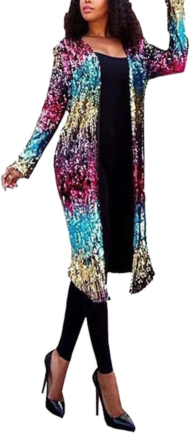 Suvimuga Women Sequin Cardigans Open Front Long Sleeve Jacket Gradient Sparkly Coat