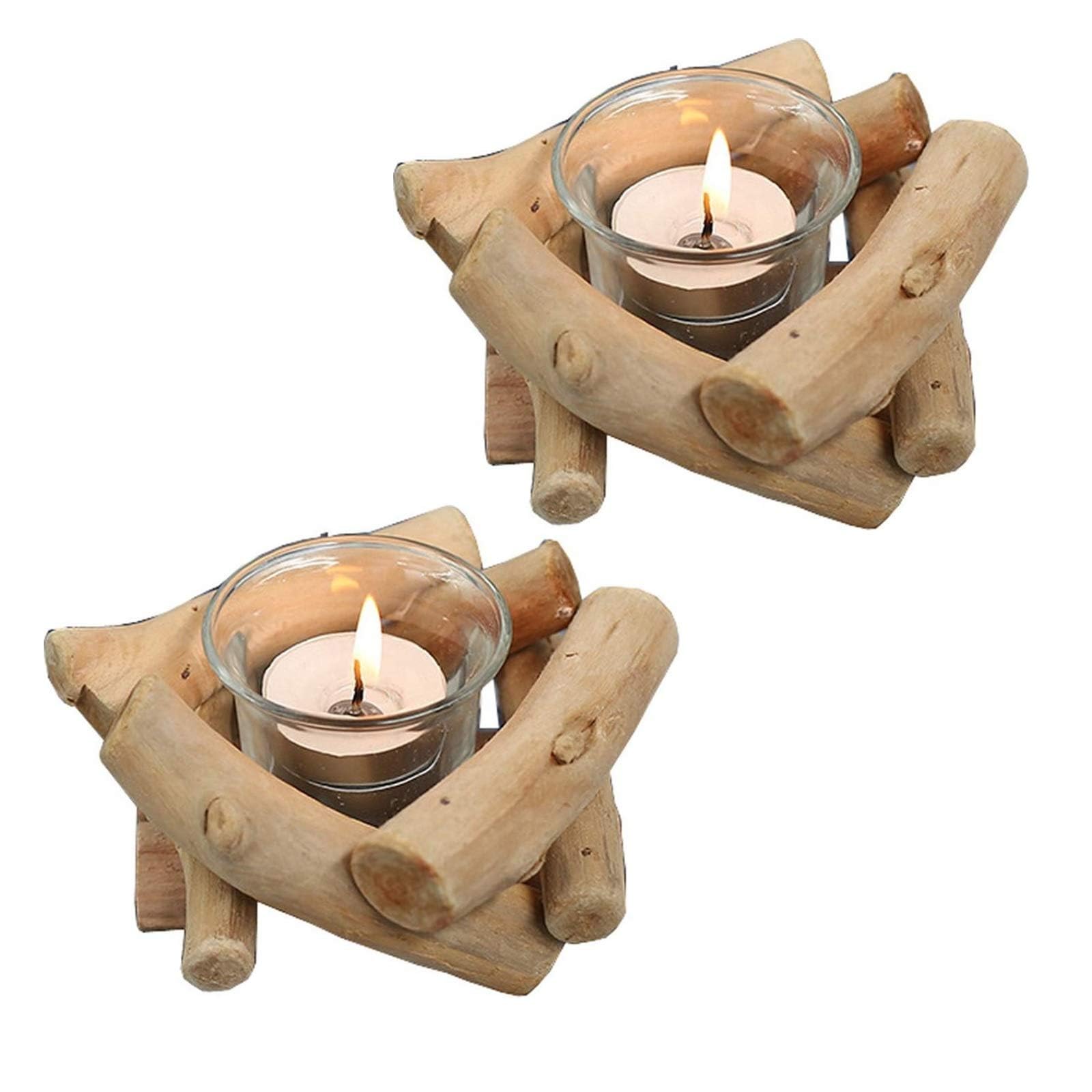 Sziqiqi Rustic Wooden Tea Light Candle Holder Set of 2 with Glass Cup Driftwood Votive Tealight Holder for Farmhouse Wedding Centrepieces Living Room Coffee Table Home Decorations