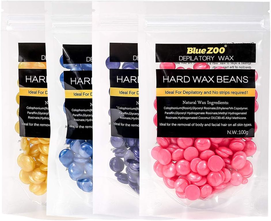 BlueZOO Brazilian Hard Wax Beads Depilatory Solid Hot Film Waxing Pellets for Body Bikini Hair Removal 100 Gram (Pack of 4)