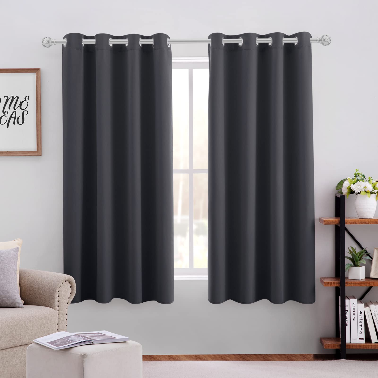 HOMEIDEAS Grey Blackout Curtains 42 X 63 Inch Length Set of 2 Panels Room Darkening Bedroom Curtains, Thermal Grommet Light Blocking Window Curtains for Living Room