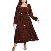 SCOMCHIC Women's Plus Size Maxi Dress Long Sleeve Pearl Square Neck Flowy A Line Wedding Guest Dresses