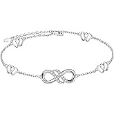 FLYOW Double Infinity Anklet 925 Sterling Silver for Women Adjustable Heart Ankle Bracelet Boho Beach Foot Chain 9+1 Inch Charm Jewelry Best Birthday Gifts