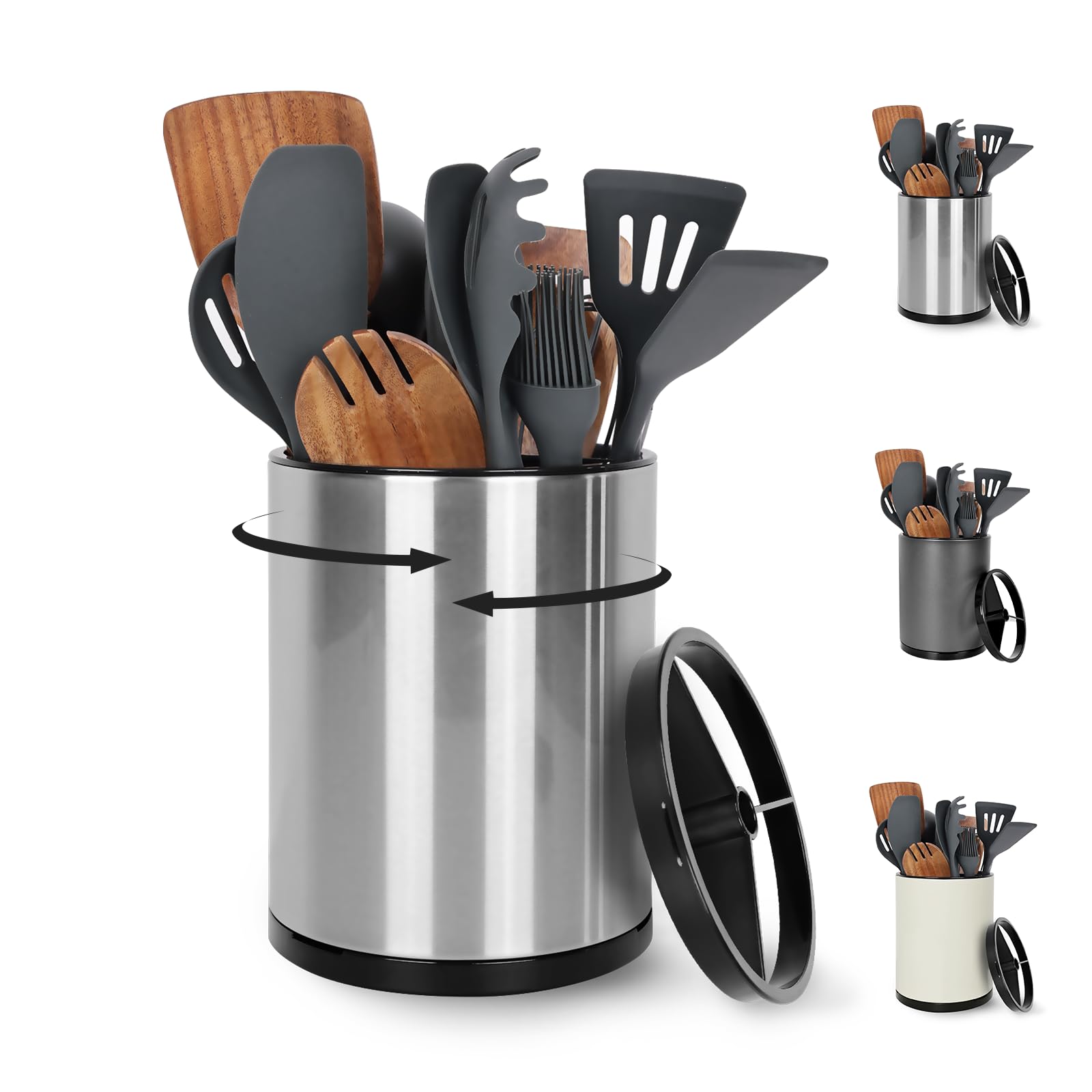 Photo 1 of Nigelia Extra Large Kitchen Utensil Holder, 360° Rotating Stainless Steel Cooking Utensil Holder for Countertop, 3 Compartment Flatware Organizer & Cooking Caddy with Removable Base?Silvery?