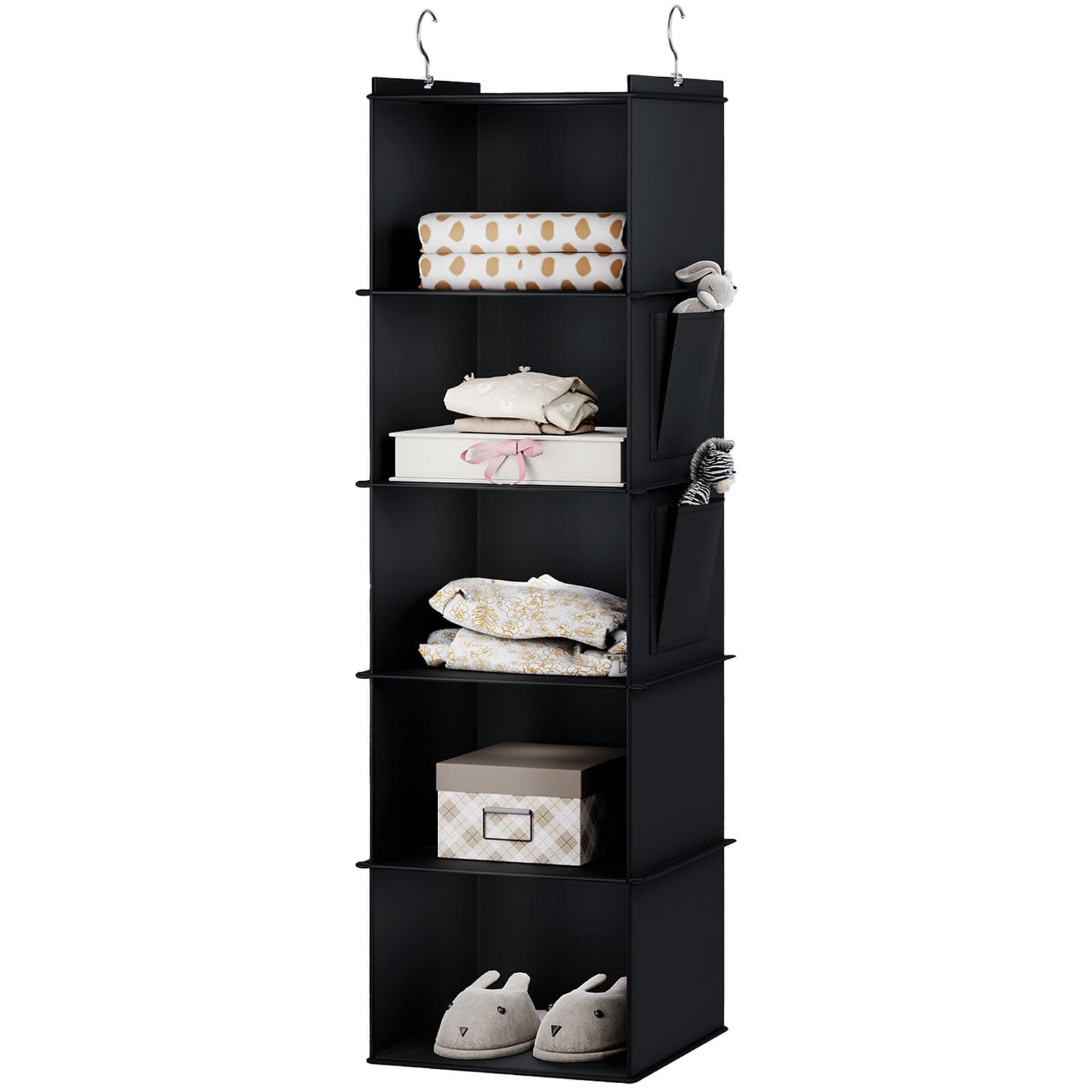 YOUDENOVA Hanging Storage 5 Shelves Closet Organizers and Storage Foldable Hanging Shelves with Side Pockets Wardrobe Storage Organizer for Clothes Black