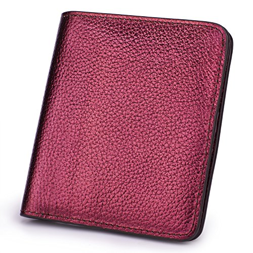 BIG SALE-AINIMOER Women's RFID Blocking Leather Small Compact Bifold Pocket Wallet Ladies Mini Purse with id Window (Wine Gold)