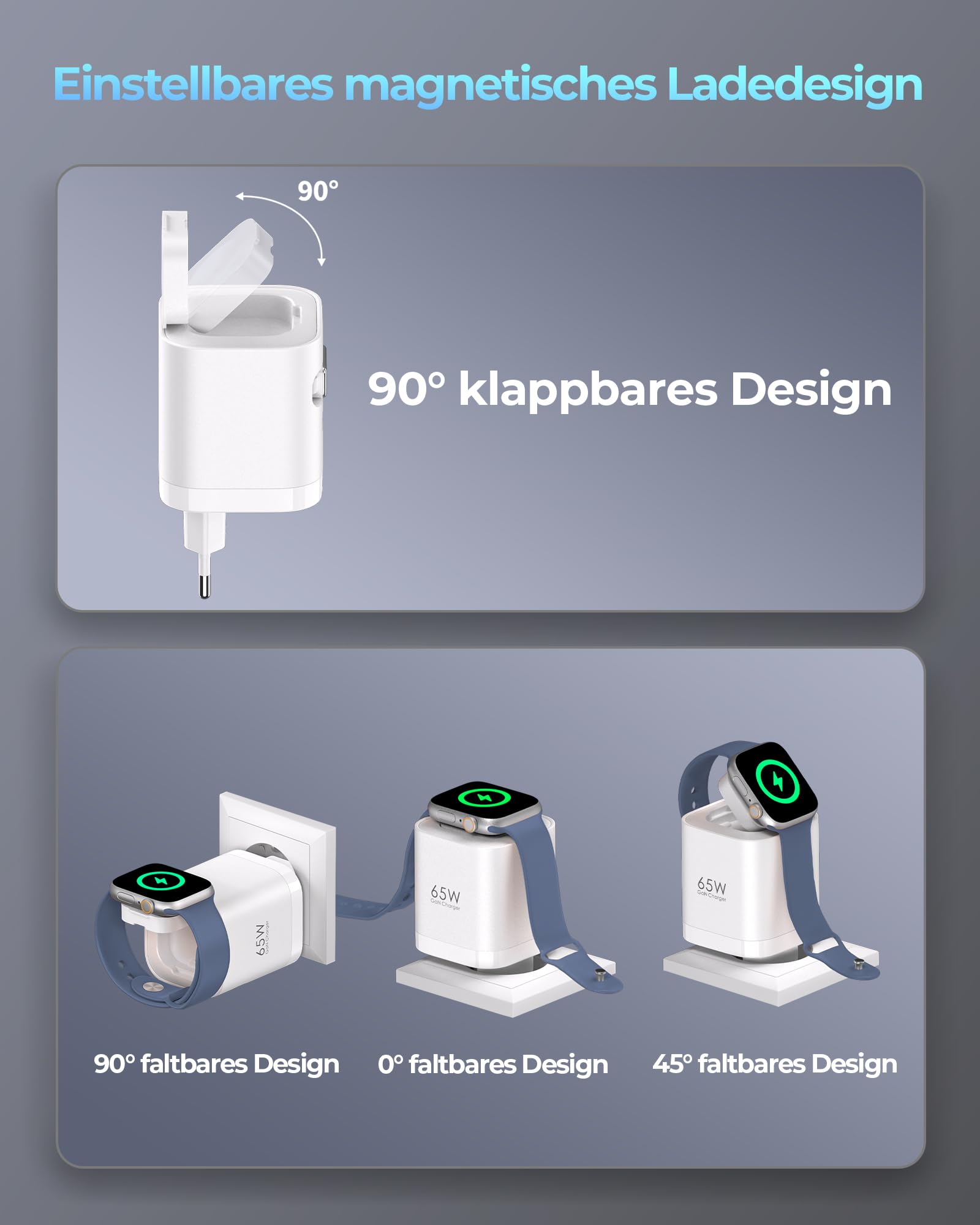 Einziehbares 65W USB C ladegerät mit Kabeln für Apple Watch, 4-Port GaN USB C Ladegerät Netzteil mit Schnellladekabel für Apple Watch Ultra/11/10/9/8/7 Serie, MacBook Serie, iPhone, iPad, Galaxy. Weiß 4