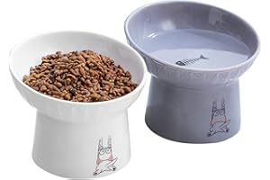 OMAYKEY 6.5 Inch Extra Wide Ceramic Raised Cat Bowl Set, Tilted Elevated Cat Bowls for Food and Water, Prevent Whisker Fatigue, Stress Free, Less Vomiting, Protect Spine, White & Grey
