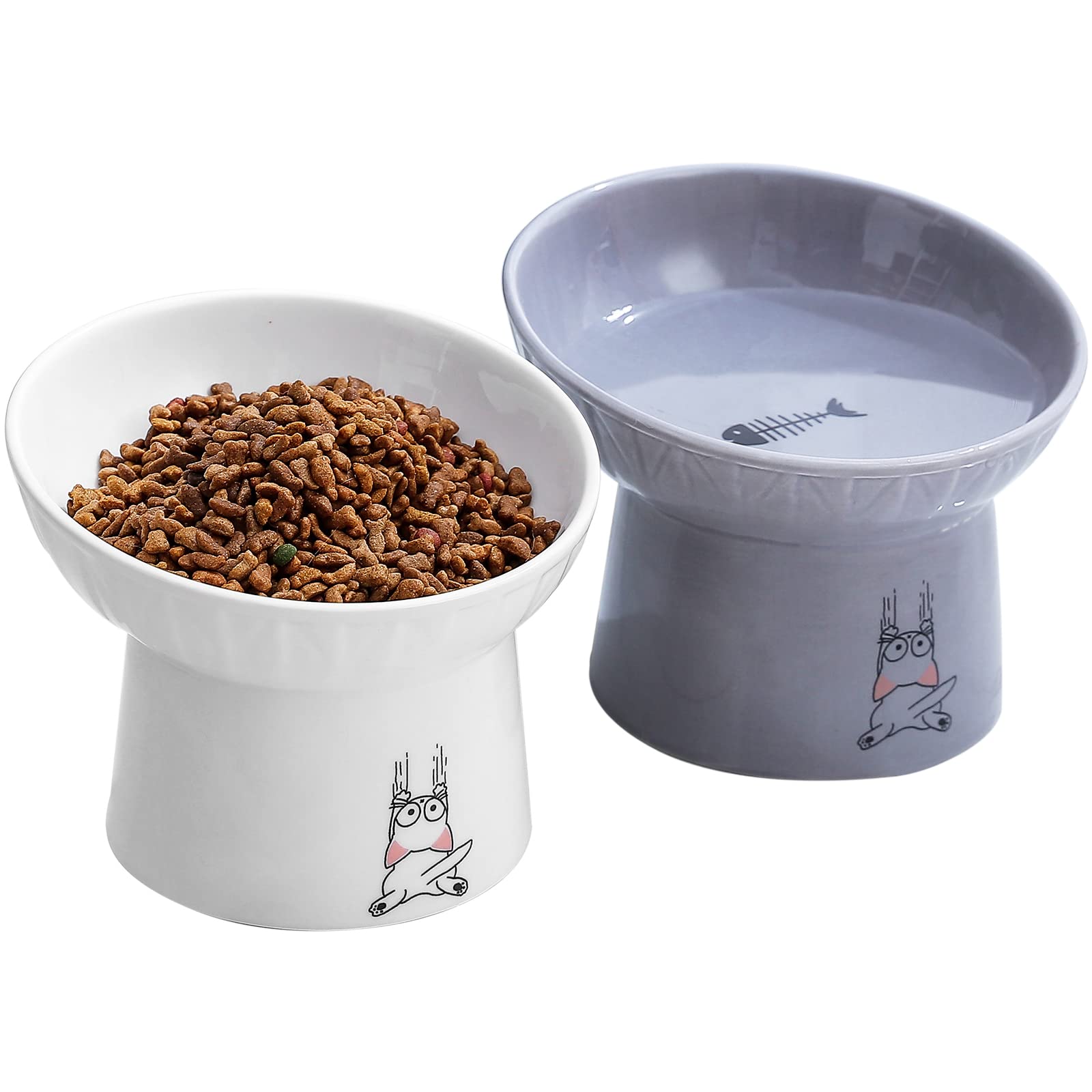 Photo 1 of OMAYKEY 6.5 Inch Extra Wide Ceramic Raised Cat Bowl Set, Tilted Elevated Cat Bowls for Food and Water, Prevent Whisker Fatigue, Stress Free, Less Vomiting, Protect Spine, White & Grey