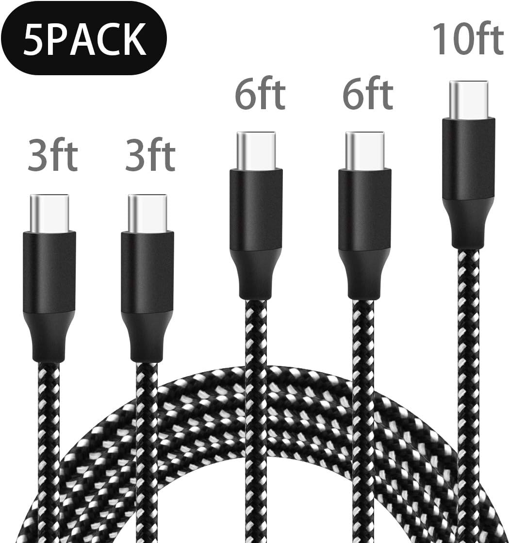 QIANXIANG USB Type C Cable,5Pack (2x3FT/2x6FT/10FT) Extra Long Nylon Braided Data Sync and Fast UCB-C Charger Cable Cord Compatible Samsung Note 8/9/S8/S9, LG V30/MOTO Z/Z2 and More.[Black&White]