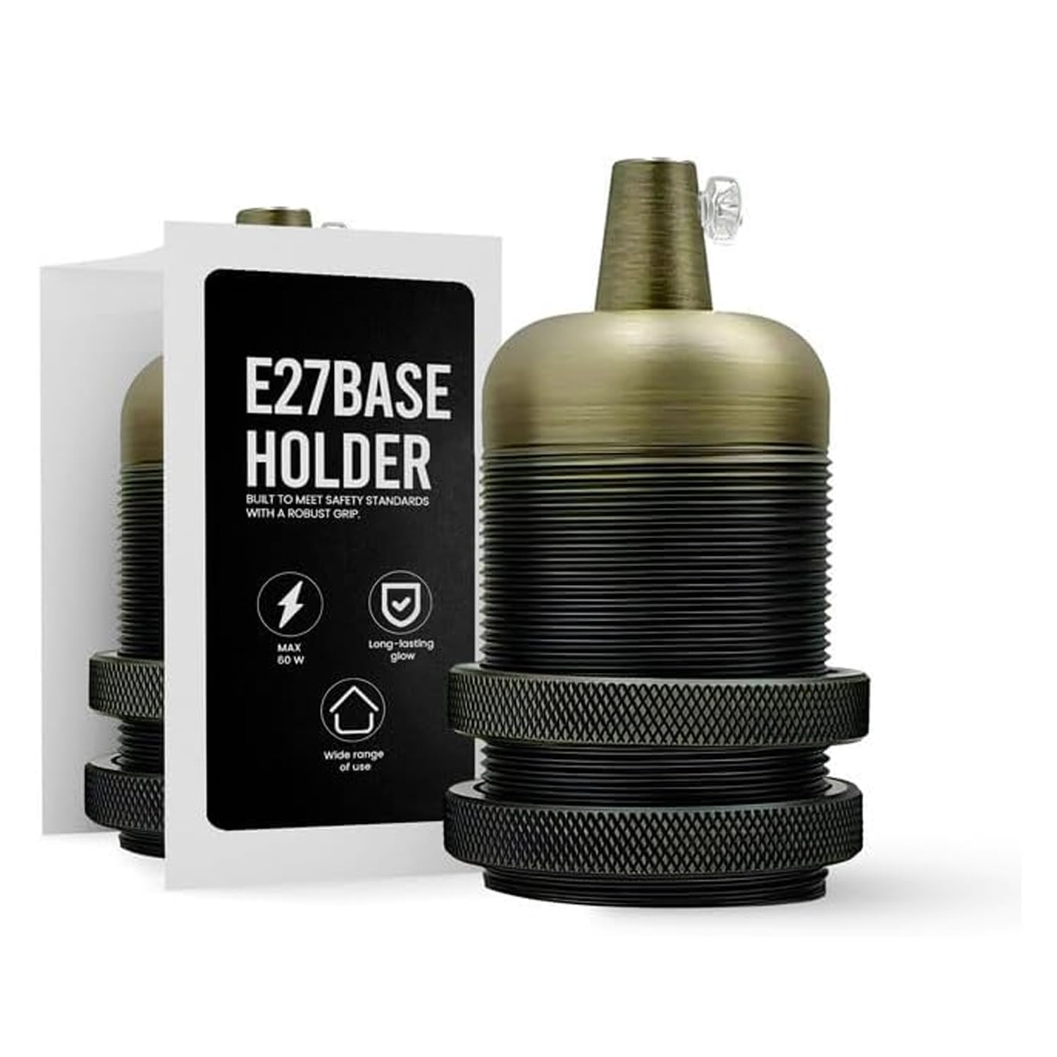 E27 Vintage Solid Lamp Holder, Metal & Ceramic Lamp Holder, E27 Base for Bulb, Antique Brass Look for Wall, Table & Ceiling Light, DIY Accessories, Pearl Black, Pack of 1