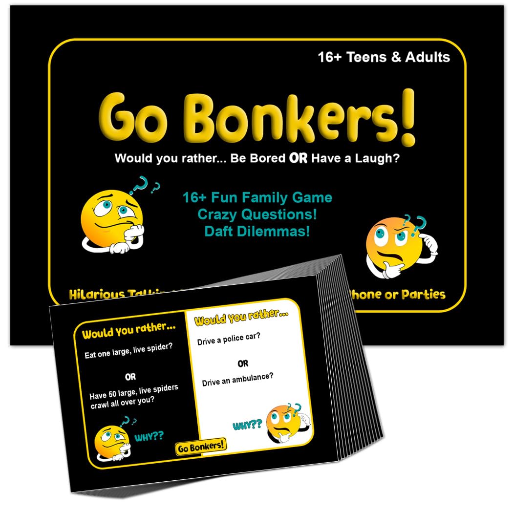 Felicitas Go Bonkers Would You Rather fun Game. 120 Funny Questions on Cards. Bored 16+ Teens & Adult Couple Friends. Christmas or Party Family Birthday Icebreaker Activity