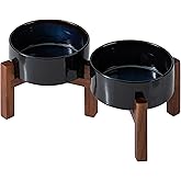Havniva Ceramic 6.1inch Raised Double Dog Bowls Set with Acacia Wood Stand, 2 Heights Elevated, Food & Water Bowls for Small Dogs(28.2oz, Starry Sky)