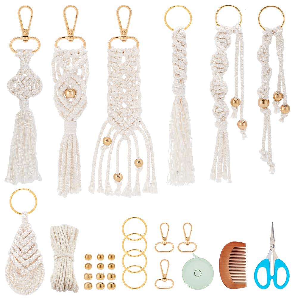 INFUNLY 7 Sets DIY Macrame Keychain Kits for Adult Beginners Macrame Wristlet Keychain Kit Twist Macrame Bag Tassel Keychain Kit with Gold Key Ring Instruction Included for Car Key Wallet Purse