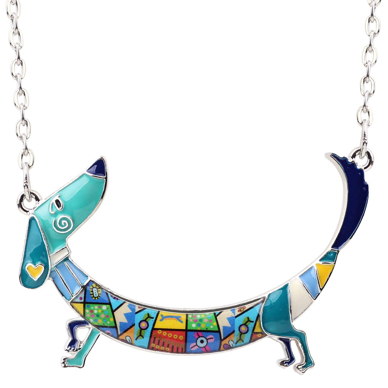 NEWEI Enamel Cute Dachshund Dog Necklace Pendant Rhinestones Ears Dachshund Dog Necklace Jewelry (Sky)