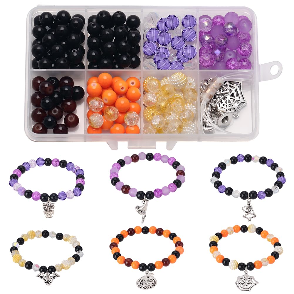 SUNNYCLUE 1 Box DIY 6Pcs Halloween Bracelet Making Kit Tibetan Style Spider Charms Witch Hat Charm Pumpkin Skull Charms Black Purple Orange Round Glass Beads for jewellery Making Kits Beading Supplies