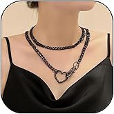 KOFISNI Black Heart Choker Necklace for Women Punk Gothic Rainbow O-ring Slip Chain Necklace Adjustable Chunky Cuban Long Lariat Y-Necklace Goth Jewelry 36 Inches