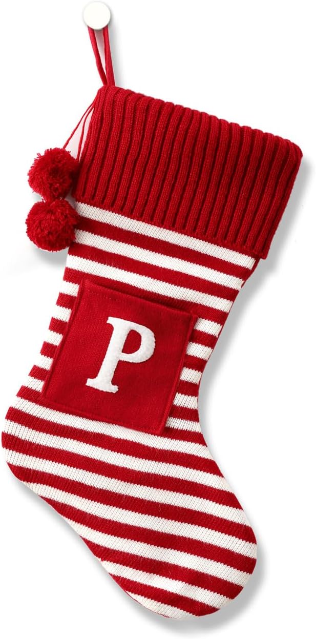Stockings & Holders - 20 Inches Initial Monogram Embroidered Christmas Stocking Striped knitted Christmas Decorations Stocking Red,White, Green Letter Stockings for Family Holiday and Xmas Tree Fireplace Decor-50-P-Red