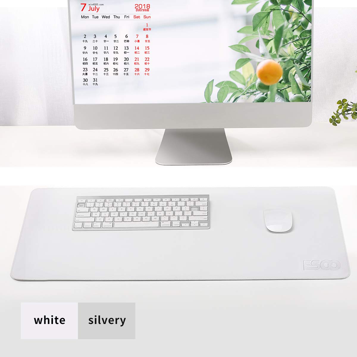 ESCOCO Multifunctional Desk Pad,Office Desk Mat,80 x 40 cm PU Leather Ultra Thin Waterproof Mouse Pad, Laptop Desk Mat,Dual Use Desk Writing Mat for Office/Home (White/Silver)