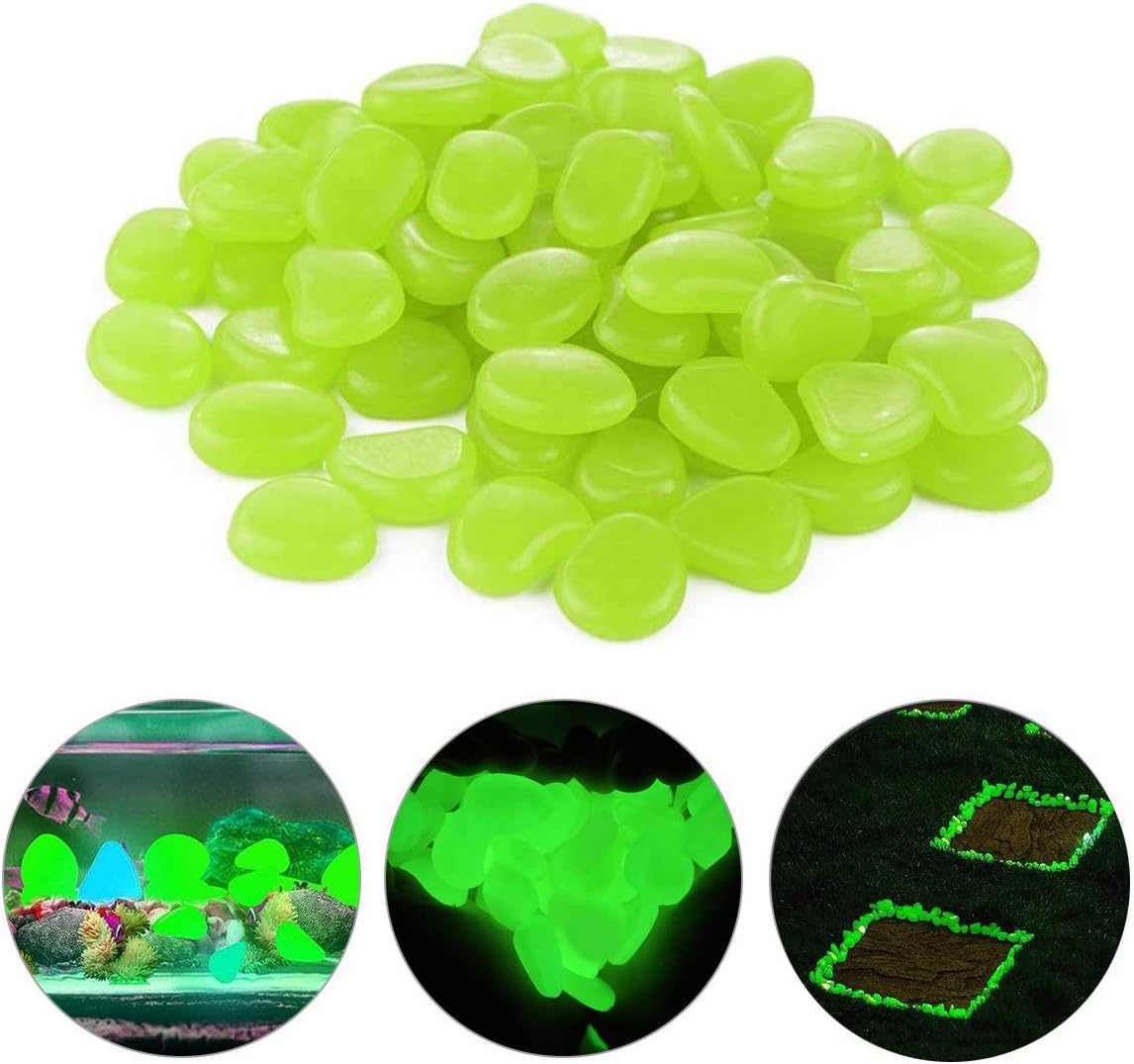 MEYUEWAL Glowing Stones Luminous Stones 100PCS Glow in The Dark Luminous Pebbles for Backyard Walkways Path Gardens Lawns Driveways Fish Tank Aquarium Flower Beds (Green)