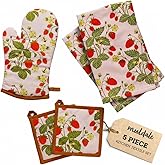 Muldale Strawberry Tea Towel and Oven Mitt Set - Dish Towels and Pot Holders - 5 Pack - Textiles Decor Accessories - Kitchen Mittens