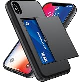 Qinmay Compatible with iPhone X/XS Case with Card Holder, Dual Layer Shockproof,Heavy Duty Protective Hidden Slot Slim Wallet Phone Cover，Black