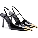 THESHY Womens Slingback High Heels Metal Pointed Toe Leather High Stiletto Heel Pumps Slip on Elastic Strap Fashion Dress Shoes for Women
