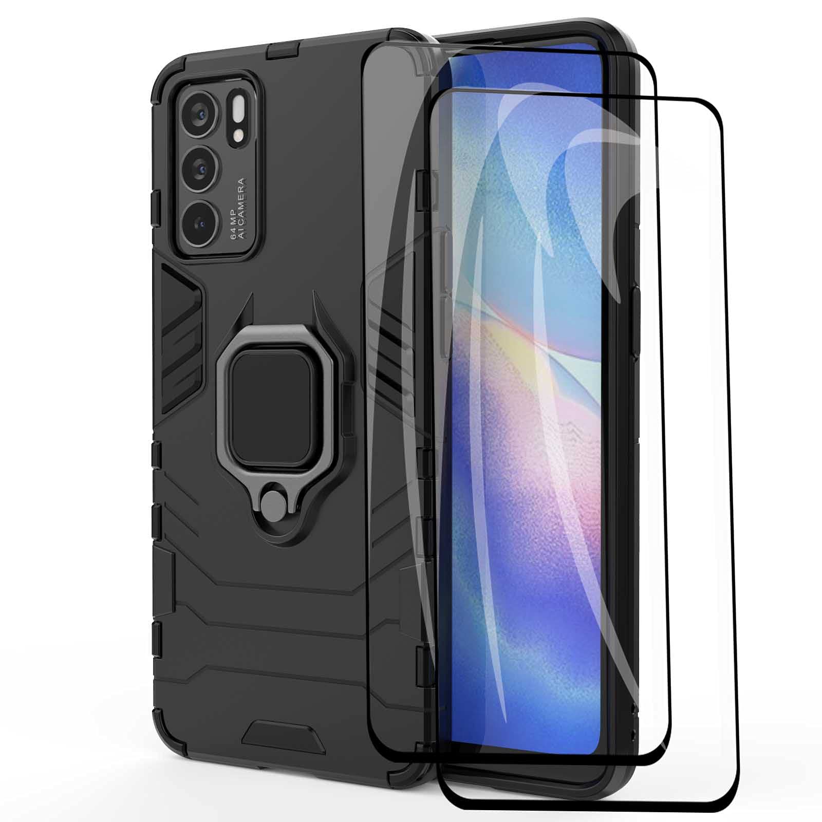 WEIOU Case for OPPO Reno 6 5G (Reno6 5G) and 2 Screen Protector, Shockproof TPU/PC Protection Cover with 360° Rotating Ring Kickstand, Anti-Scratch Bumper Shell, Black