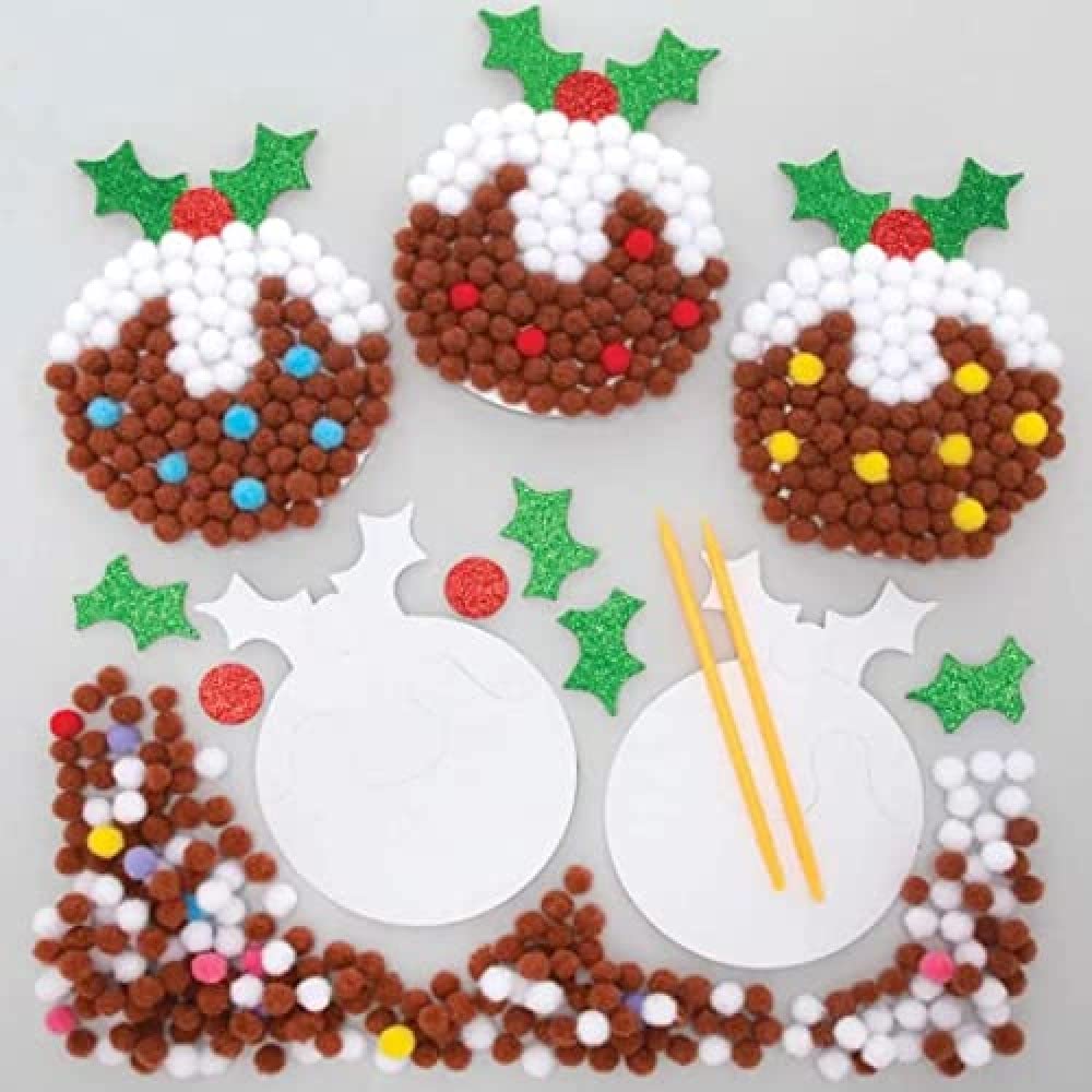 Baker Ross FE889 Pudding Kits-Pack of 5, Design Your Own Christmas Pom Children to Make, Decorate and Display, Creative Activities for Kids, Assorted