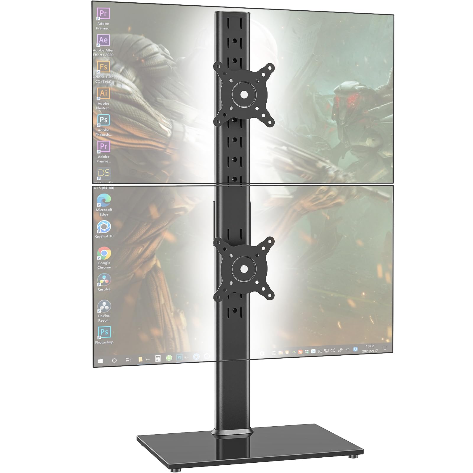 Photo 1 of Dual Monitor Stand - Vertical Stack Screen Free-Standing Desk Mount Arm Riser Fits Two 13 to 34 Inch Computer Monitors with Swivel, Tilt, Height Adjustable, VESA Stand 100 x 100mm, 75 x 75mm AX05TB02