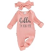 FIOMVA Im New Here Newborn Outfit Girl Long Sleeve Letter Romper Ribbed Knit Jumpsuit Baby Girl Preemie Coming Home Outfit