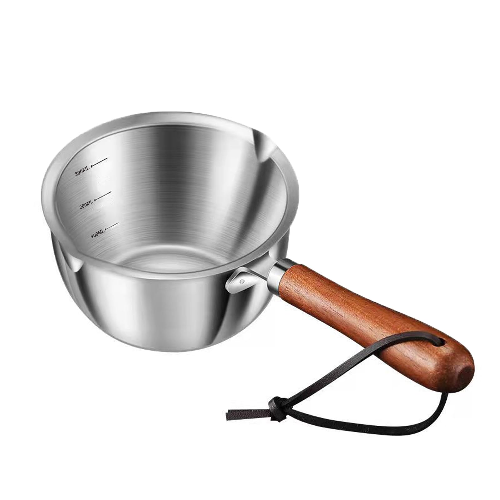 Photo 1 of Butter Warmer Pot, Stainless Steel Milk Warmer with Wooden Handle for Seafood, Mini Butter Melting Pot Small Saucepan with Dual Pour Spouts for Stove Top Cooking (300ml)