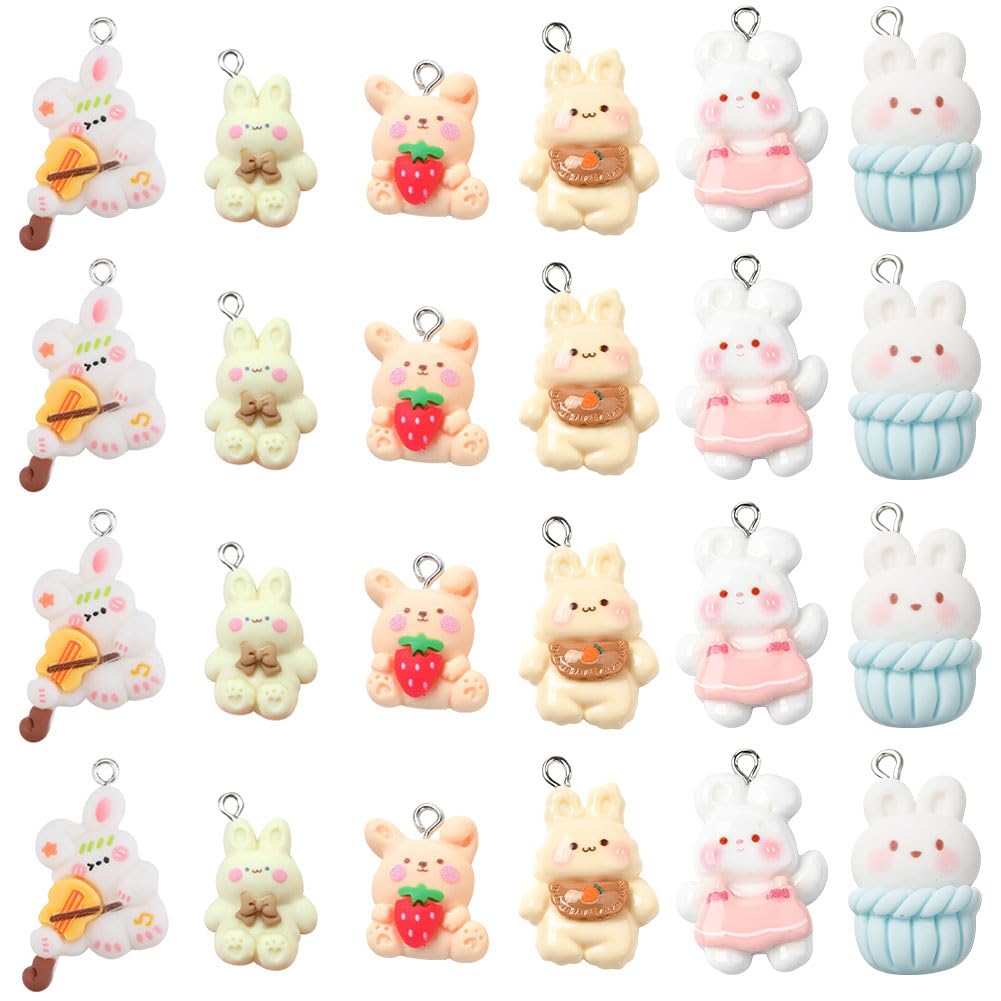 SUNNYCLUE 1 Box 24Pcs 6 Styles Rabbit Charms Bulk Bunny Charm Bulk Resin Cartoon Easter Bunny Colorful Music Instrument Animal Charm for jewellery Making Charms Keychain Earring Necklace DIY Crafts — image 1