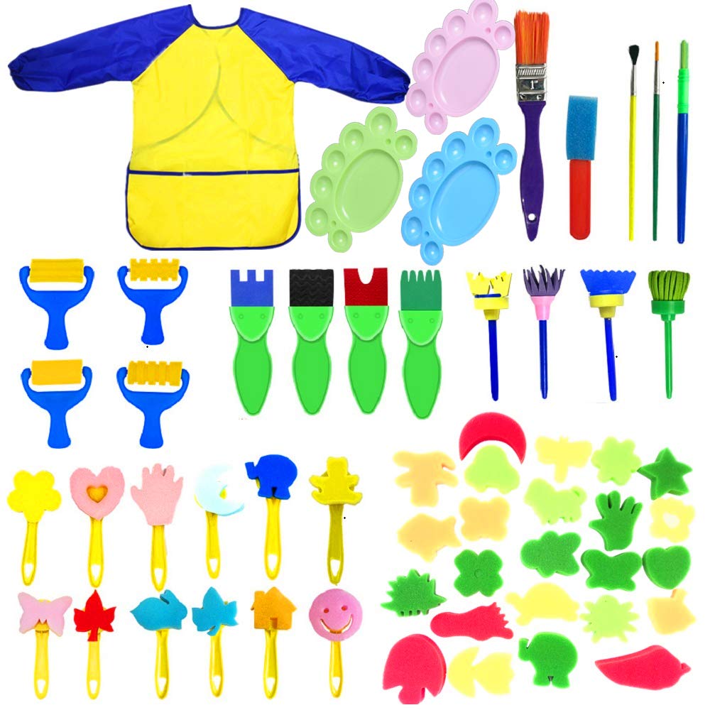 Fycooler 57 pcs Sponge Paint Brushes Kits Painting Sponges Brushes Tool Kit for Kids Early DIY Art Learning Children Doodle Include Foam Brushes,Pattern Brushes Set,Waterproof Apron, etc