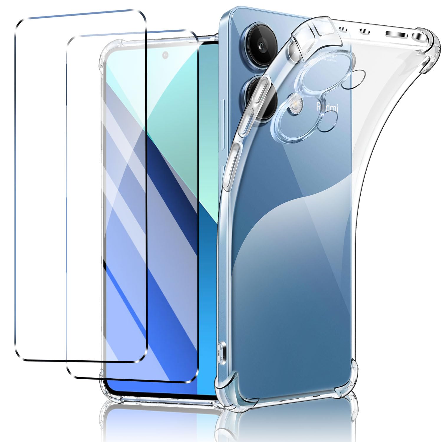 New&Teck Case for Xiaomi Redmi Note 13 4G (Not for Note 13 5G) + 2 Tempered Glass Screen Protector, Transparent Soft TPU Silicone Bumper with Reinforced Corners