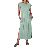 ANRABESS Women Summer Maxi Dress 2026 Casual Loose Cap Sleeve Crewneck Split Beach Vacation Long Sundress with Pockets