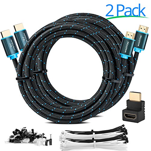 Maximm High-Speed HDMI 2.0 4K Nylon Braided Cable, 12 Feet, 2-Pack (Includes Cable Clips, Ties and Right Angle Adapter)