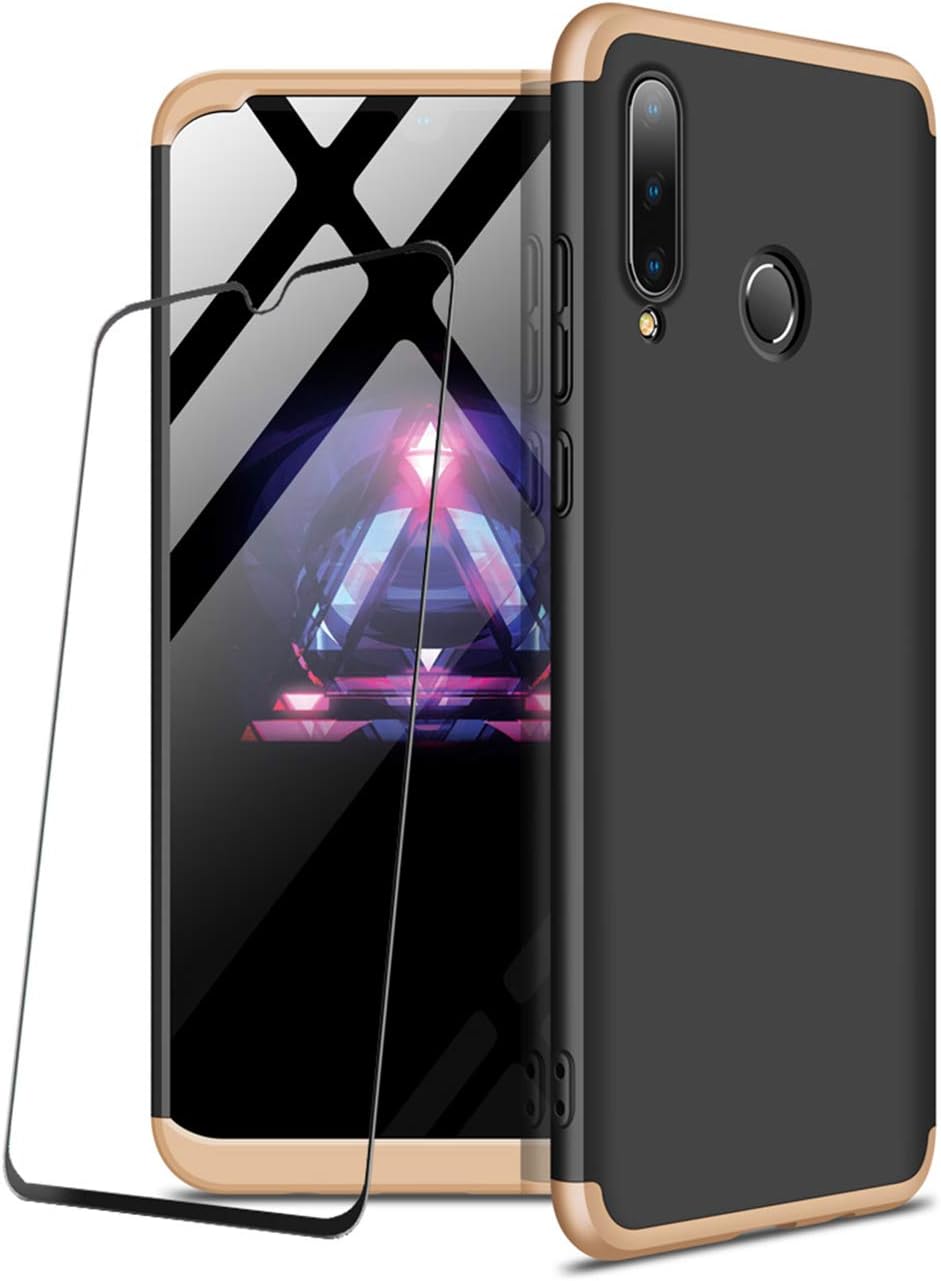 JOYTAG Compatible For Huawei P30 Lite/Nova 4e case +Tempered glass film 360 degrees ultra thin Matte All-inclusive Protection 3 in 1 PC Phone case cover-Gold black