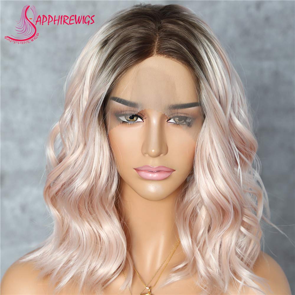 Sapphirewigs Short Dark Brown Ombre Rose Blond Water Wave Daily Makeup Heat Resistant Hair Perruque Women Beauty Blogger Comgirl Wedding Party Present Synthetic Lace Front Wigs