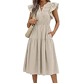 Wenrine Womens Summer Casual Midi Dress V Neck Short Sleeve Lace Elastic Waist Boho Beach Vacation Dresses with Pockets