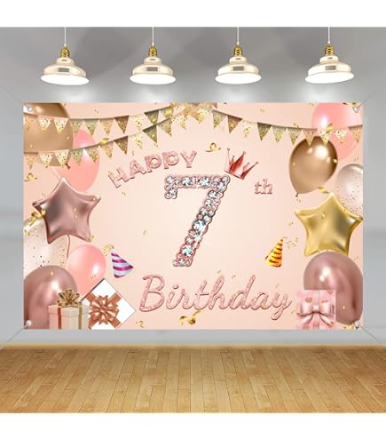 Happy 7th Birthday Stoffbanner – 150x90 Cm Rosa Fotohintergrund Für Mädchenparty