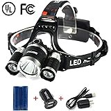Mifine LED Headlamp - 4 Modes Ultra-Bright Outdoor Headlight with Rechargeable Batteries, Dual-port Car Charger, Wall Charger and Dedicated USB Cable