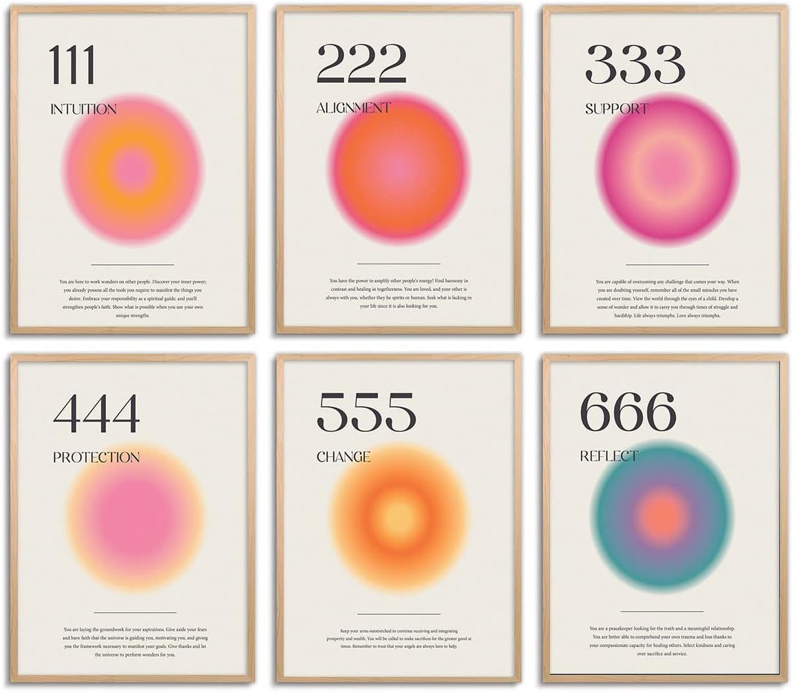 Wall Décor - Aura Angel Numbers Poster Sets of 6 for Room Aesthetic Minimalist Inspirational Quotes Canvas Wall Art Bedroom Aesthetic Decor 8x10 Inch Unframed