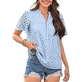Falechay Womens Summer Tops V-Neck Short Sleeve Shirts Dressy Casual Babydoll Blouses Embroidered Eyelet Flowy Boho Clothing