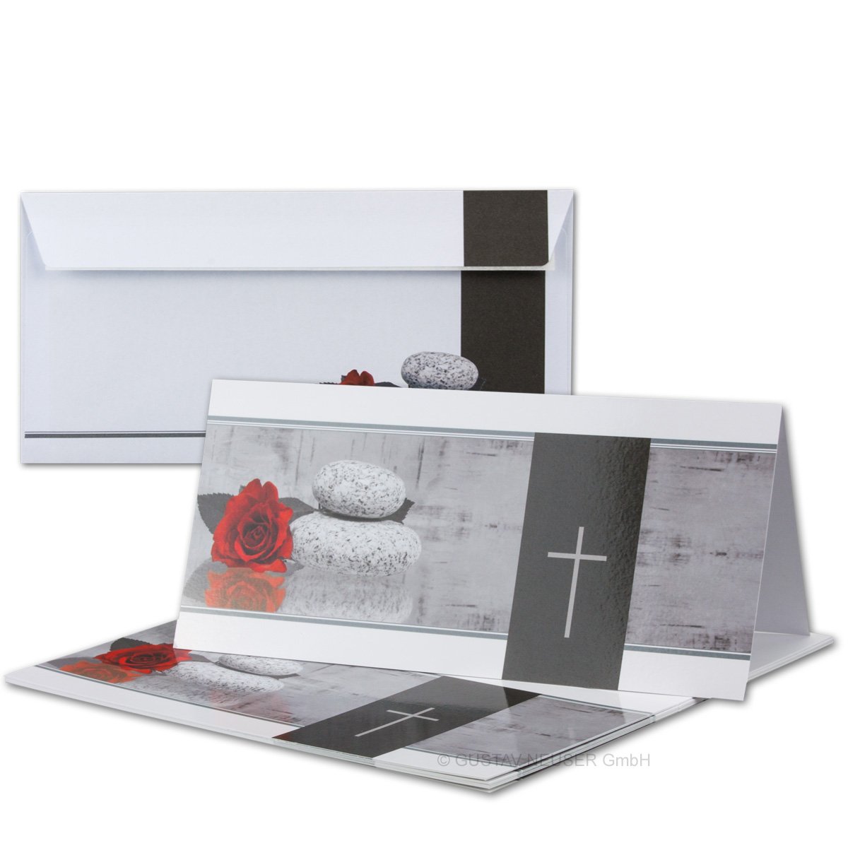 Mourning Papers by GUSTAV NEUSER 15x Mourning Cards Set with Envelopes DIN LANG Motif Rose Stone Mourning Cross Thank You Cards Mourning Without Window Dignified Double Cards