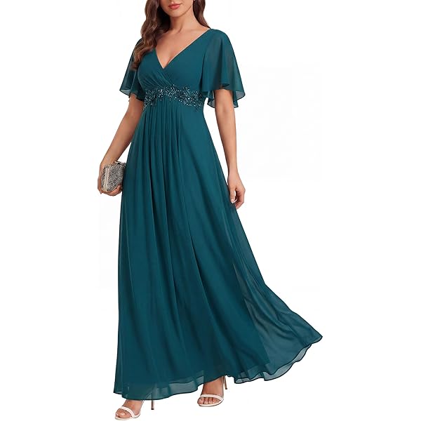 long empire waist bridesmaid dress with short flutter sleeves Ever-Pretty Double V Neck Long Empire Waist Chiffon Budget Bridesmaid Dress