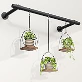 Mogaath Window Plant Hanger Indoor, 32 Inch Heavy Duty Plant Hanging Rod, 1 Inch Metal Hanging Plant Holder for Window Wall, Matte Black Round Flange Base, Pot Not Included