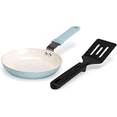 Tasty Ceramic Mini Fry Pan Set with Spatula, Nonstick Egg Pan, Mini Breakfast Skillet, Even Heating, Easy to Clean, Made without PFAS, PFOA, PFOS and PTFE, Dishwasher Safe, 5.5-Inch, Aqua