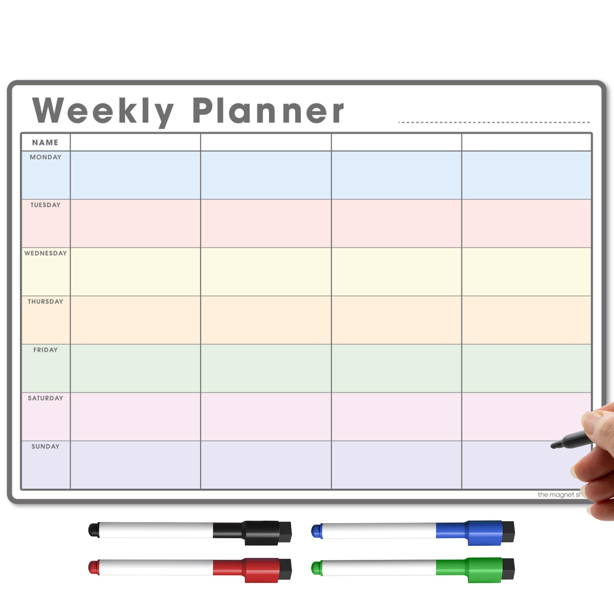 TMS Magnetic Weekly Planner and Organiser A3 | Fully Customisable Whiteboard for Family or Business Tasks and Meal Planning | with 4 Free Magnetic Dry Wipe Pen (Multi-Coloured, A3)