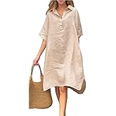 myzgx Women's Summer Button Up Polo Shirt Dress Short Sleeve Cotton Linen Beach Tunic Midi Long Dress with Pockets
